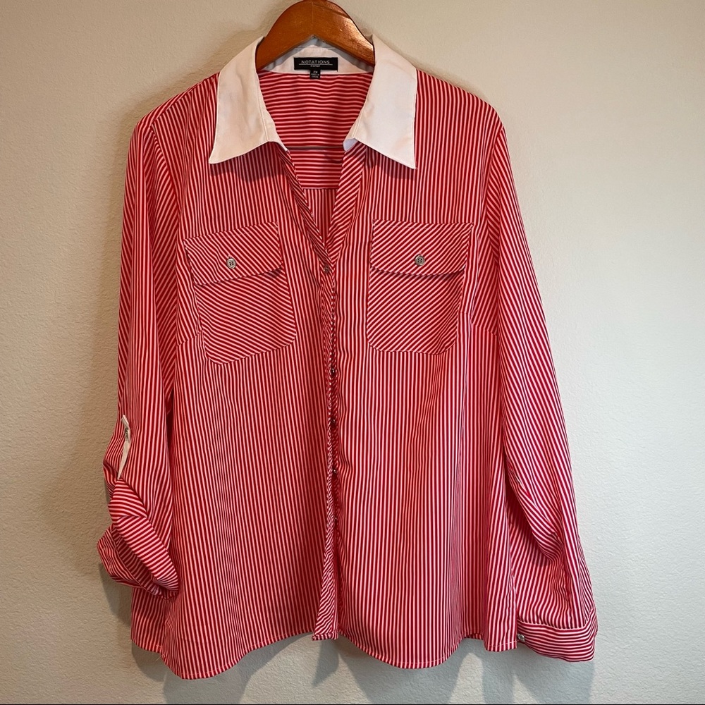 Notations Red / White Striped Long Sleeve V Neck Blouse